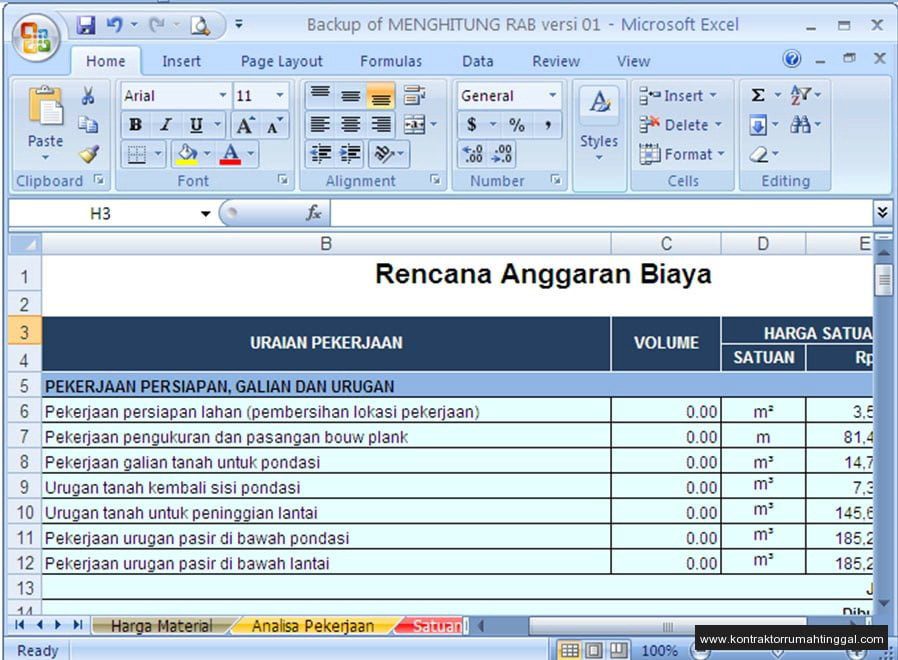 Download Excel Perhitungan RAB dan Time Schedule untuk Bangunan Rumah (100%)