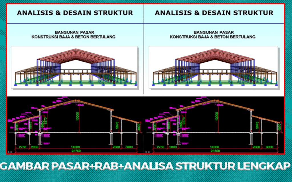 Download Gambar Pasar Struktur Baja DWG, Perhitungan Struktur, Analisa SAP2000