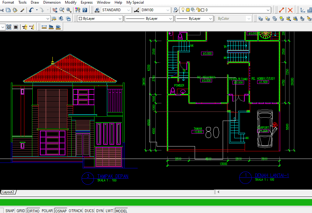 Download Desain Rumah Tinggal 2 Lantai 13x14 M + Bassement DWG AutoCAD