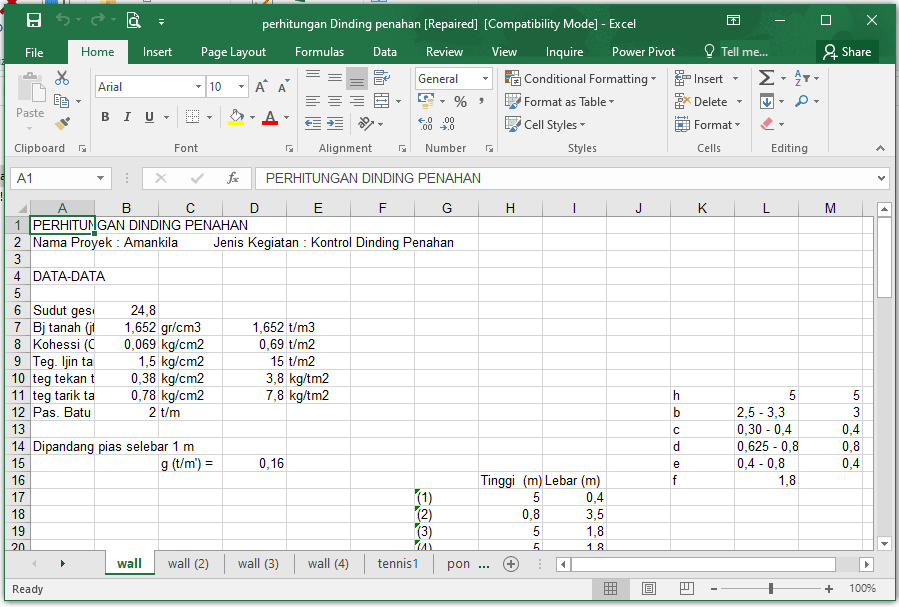 Download File Excel Hitung Dinding Penahan Lengkap