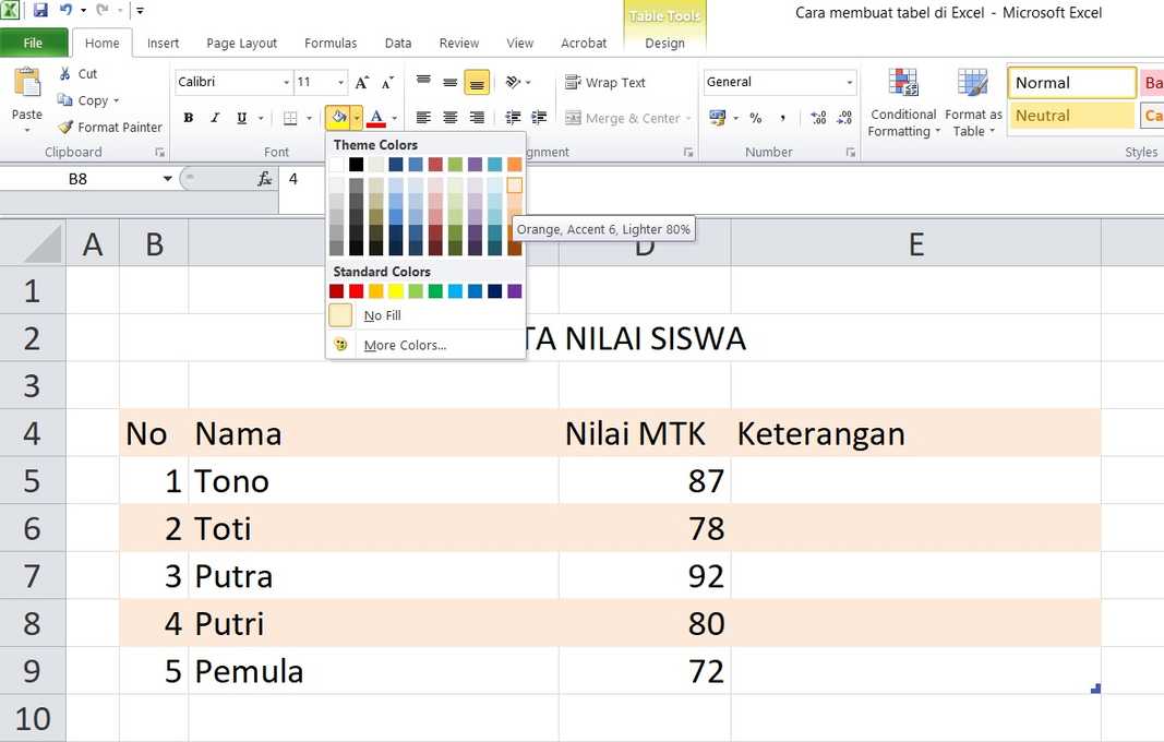 Cara membuat Tabel di Excel-Memberi warna pada tabel