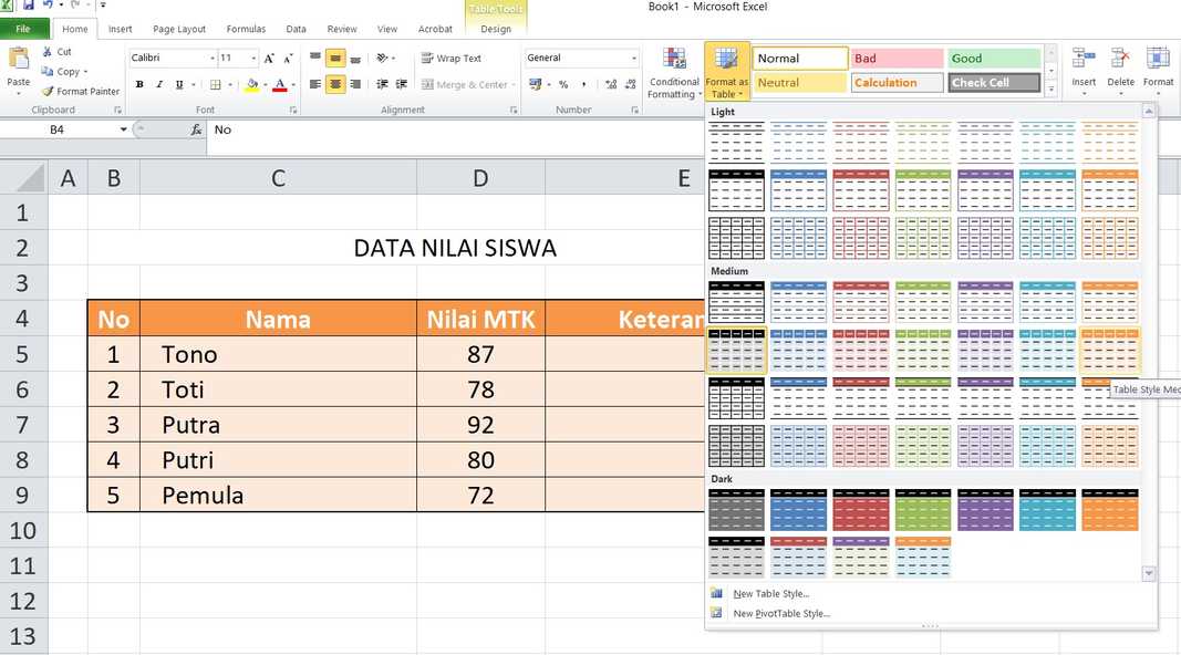Fitur Menu Pilihan Desain Tabel di Excel Dengan Mudah
