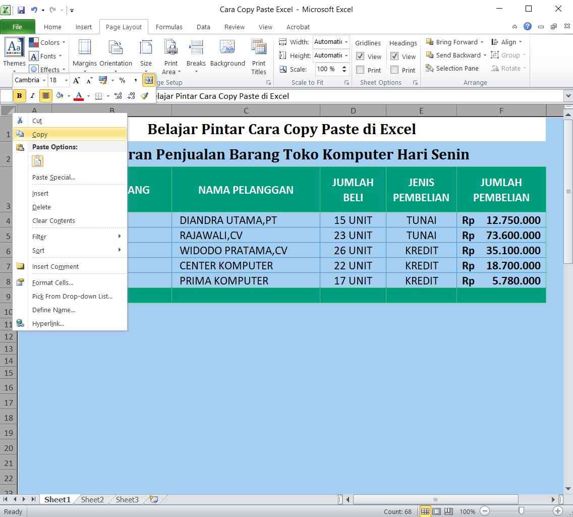 Contoh Cara Copy Paste di Excel - Copy data Tabel
