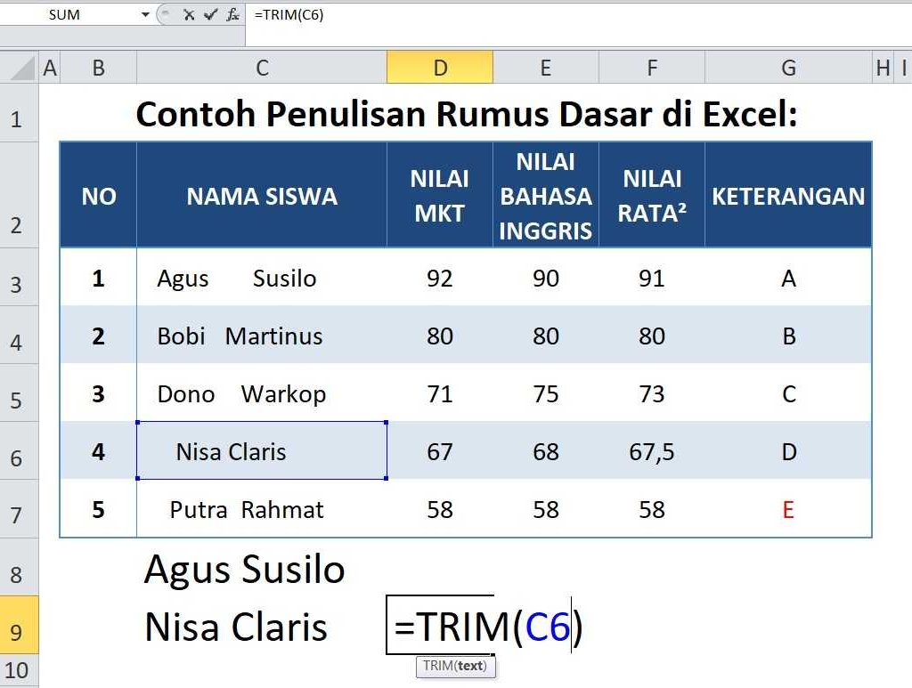 Contoh Penulisan Rumus Dasar Excel TRIM di Excel