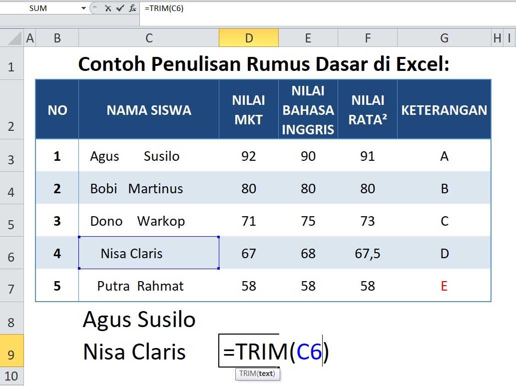 Contoh Penulisan Rumus Dasar Excel TRIM di Excel