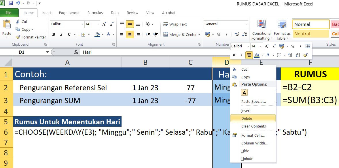 Rumus Pengurangan di Excel Kolom